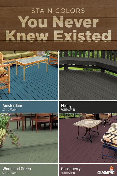 These days, picking a stain isn’t just about choosing an opacity—it’s also about color. In fact, the right shade can do a lot to elevate the look of your outdoor space. Take, for instance, these four unexpected solid stain colors: Amsterdam, Ebony, Woodland Green and Gooseberry. Depending on your taste and outdoor furniture, a bold stain color can turn your deck into a space that turns heads. Colored Deck Stain Ideas, Dock Stain Colors, Green Deck Stain, Solid Color Deck Stain Ideas, Outdoor Deck Paint Color Ideas, Patio Stain Colors, Green Deck Paint, Deck Painting Ideas Wood, Deck Paint Colors Ideas