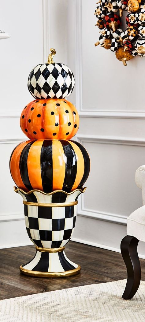 Mackenzie Childs Diy, Fun Diy Halloween Decorations, Halloween Decorating Ideas, Halloween Decor Diy, Mackenzie Childs Inspired, Mckenzie And Childs, Pumpkin Topiary, Stacked Pumpkins, Halloween Decorating