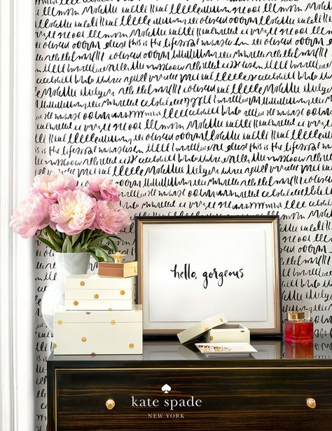 Kate Spade Inspired Office, Kate Spade Room, Kate Spade Desk Accessories, Kate Spade Bedroom, Scribble Wallpaper, Kate Spade Home, Rustic Boys Room, Feminine Space, Meaningful Phrases