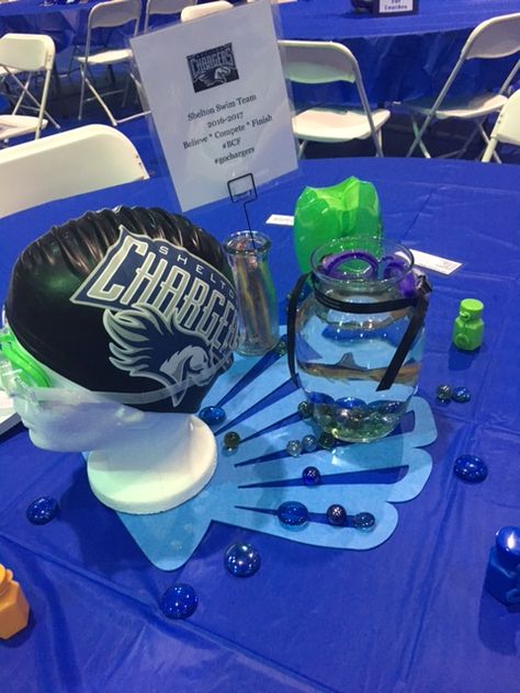 Swim Centerpieces, Swim Banquet Centerpieces, Swim Team Party, Swim Banquet, Athletic Banquet, Banquet Centerpieces, Sports Banquet, Swimming Party Ideas, Swimming Party