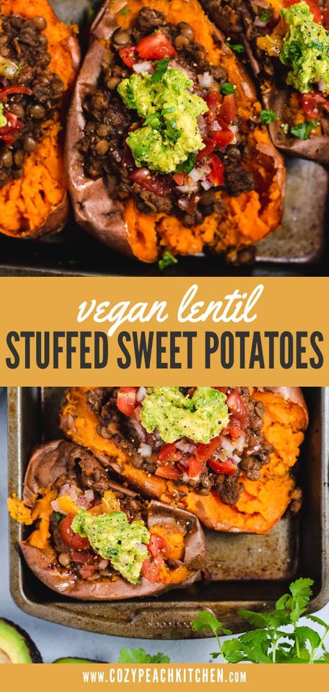 Loaded with a vegan taco-seasoned lentil filling, these stuffed sweet potatoes are perfect for meal prep or dinner! #sweetpotatoes #veganrecipes #easydinner Lentils Sweet Potato Recipe, Protein Bars Vegan, Stuffed Sweet Potato, Lentil Tacos, Stuffed Sweet Potatoes, Vegan Lentil, Loaded Sweet Potato, Vegetarian Meal Prep, Diner Recept