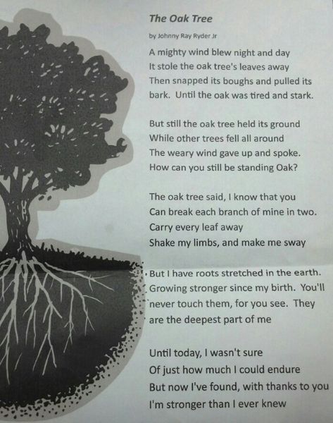 One of my favorite poems. Sent this to my brother who's in recovery. You've made me so proud. Oak Tree Quotes, Recovery Poems, Anniversary Poems, Tree Poem, Quotes People, Tree Quotes, Recovery Quotes, Quotes Thoughts, Writing Poems