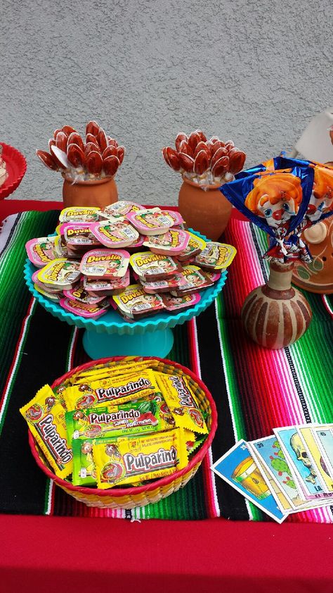 Mexican candy Mexican Candy Display, Mexican Centerpiece, Charro Theme, Candy Props, Candy Centerpieces, Candy Tables, Mexican Fabric, Mexican Candy, Birthday Display