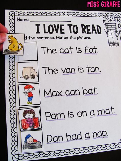 Phonics sentences worksheets where kids read the sentence and match the picture… great practice for not only reading words with the phonics sound of the week but also for assessing comprehension! I love these! Short A Sentences, Phonics Sentences, Short A Activities, A Activities, Cvc Activities, I Love To Read, Phonics Sounds, Jolly Phonics, The Sentence