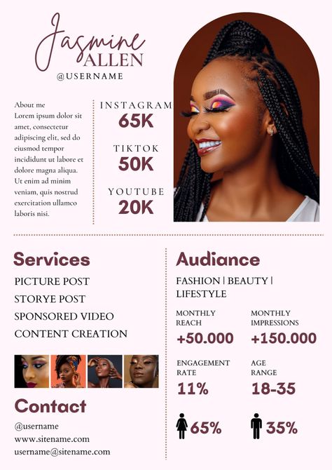 One Page Media Kit for Influencers Tiktok Influencer | Etsy