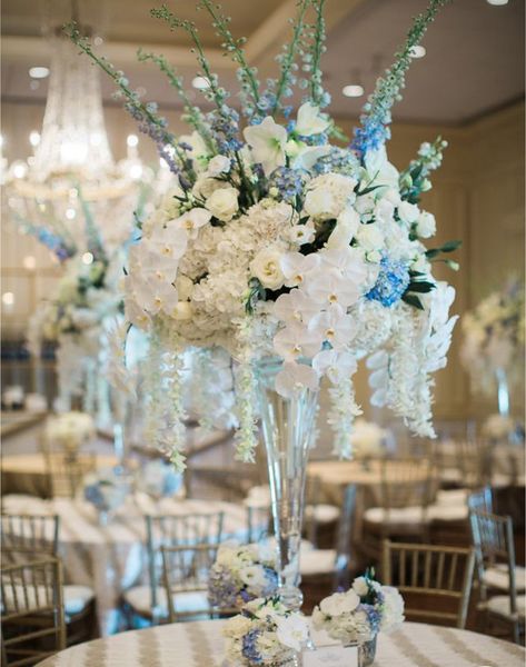 Blue And White Floral Arrangements, Stage Facade, Bar Facade, Blue Flower Centerpieces, Blue Flower Arrangements, Blue Wedding Centerpieces, Blue Wedding Decorations, White Floral Arrangements, Blue Centerpieces