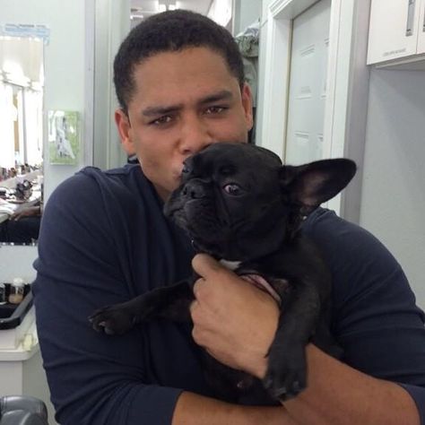 Charlie (Mills) holding Asia hostage. There so cute! Charlie Barnett, Chicago Fire, Character Ideas, French Bulldog, So Cute, Chicago, Celebrities, Quick Saves