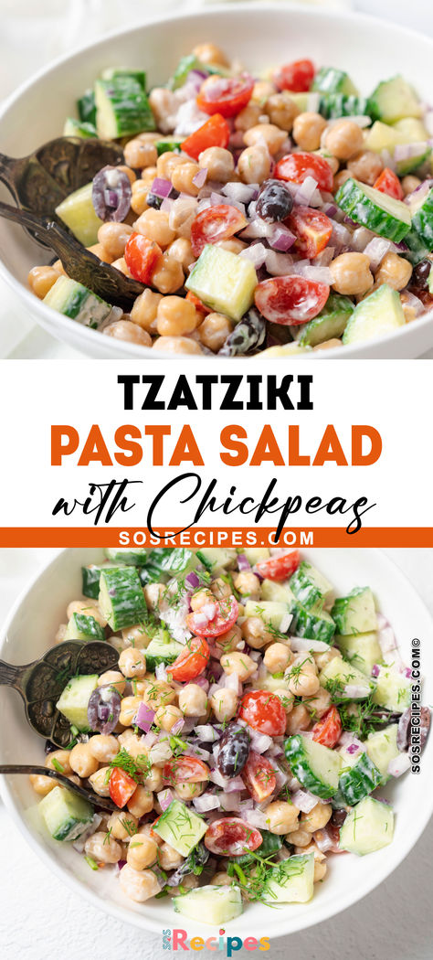 Enjoy this quick and easy Greek Chickpea Salad with Tzatziki Dressing, perfect as a vegetarian lunch or a side dish for dinner. It includes all the flavors of a Greek salad, minus the lettuce, mixed with a creamy tzatziki dressing. Greek Yogurt Chickpea Salad, Chickpea Greek Salad Recipe, Tzatziki Pasta Salad, Tzatziki Pasta, Pasta Salad With Chickpeas, Greek Chick Pea Salad Feta, Tzatziki Salad, Taziki's Mediterranean Salad, Tzatziki Dressing