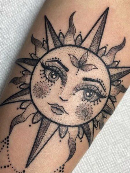 20 Radiant Sun Tattoos for Women in 2021 - The Trend Spotter Mandala Sun Tattoo, Rising Sun Tattoos, Sun Tattoo Ideas, Sun Tattoo Small, Sunshine Tattoo, Sun Tattoo Designs, Sun And Moon Tattoo, Moon Tattoo Designs, Sun Tattoos