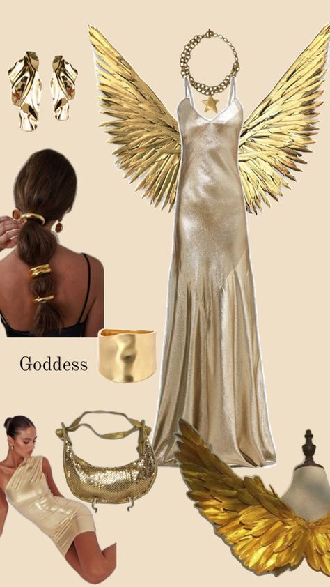 Gold Witch Costume, Birth Of Venus Halloween Costume, Gold Dress Halloween Costume Ideas, Sun Goddess Halloween Costume, Goddess Of The Sun Costume, Goddess Of Sun Costume, Easy Goddess Costume, Golden Goddess Dress, Gold Greek Goddess Costume