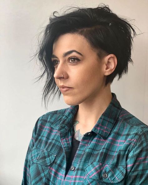 Short hair asymmetrical women's cut edgy punk haircut dark hair Boho Pixie Hair, Emo Pixie Haircut, Short Hair Asymmetrical, Short Haircuts For Women Edgy, Short Rocker Hair, Haircut Dark Hair, Hair Asymmetrical, Feminine Pixie Cuts, Punk Haircut