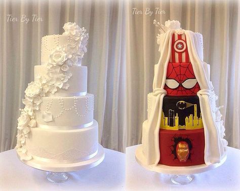 Now this is a geeky wedding cake. Avengers Wedding, Superhero Wedding Cake, Marvel Wedding, Geeky Wedding, Superhero Wedding, Marvel Cake, Cake Wrecks, Superhero Cake, Themed Wedding Cakes