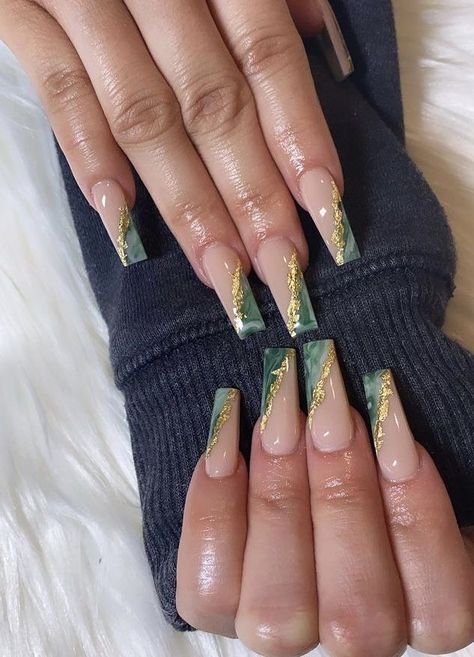 Dark Green Nails Medium Length, Good And Green Nails, Emerald Green Nails With Gold French Tip, Ballerina Green Nails, Emerald Green White And Gold Nails, Emerald Green Nails Square Short, Prom Nails Acrylic Emerald Green, Dark Green Birthday Nails, Emerald Green French Tip Nails Short