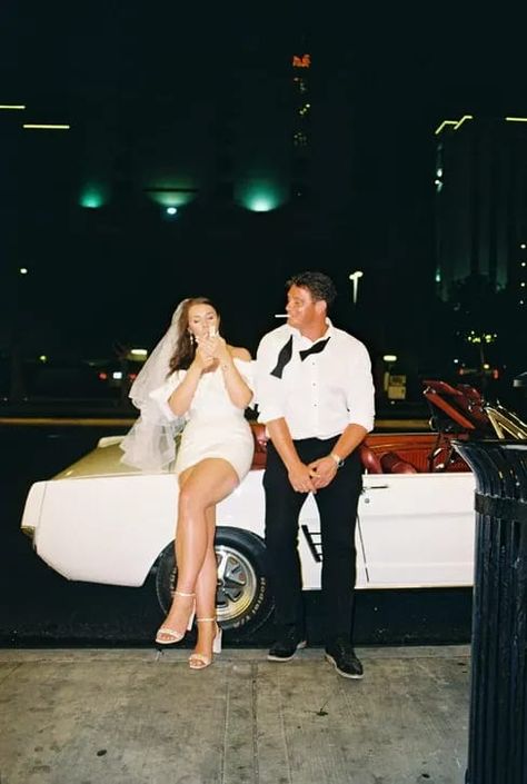 Elopement Casual Attire, Hitched In Vegas, Vegas Wedding Aesthetic Night, Vegas Wedding On Film, Eloping In Vegas Aesthetic, Tacky Vegas Wedding, Elopement In Vegas, Elopement Las Vegas, Las Vegas Elopement Aesthetic