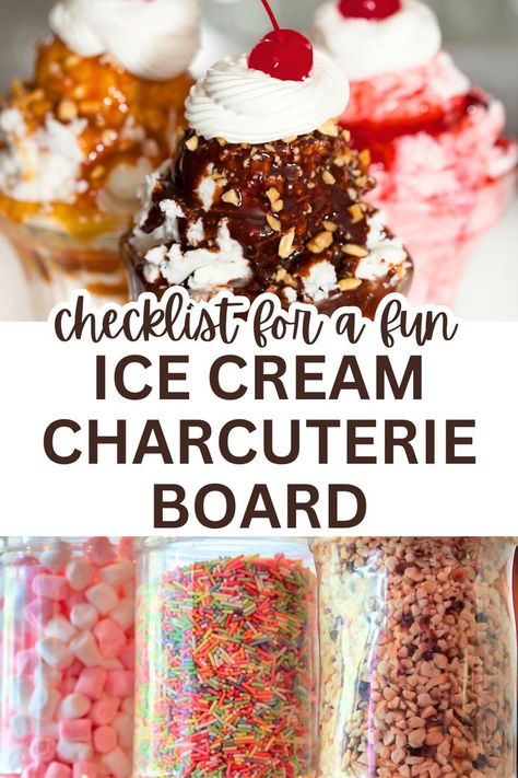 Ice cream toppings and sundae ideas for fun ice cream birthday party, ice cream social, or a build your own ice cream sundae board for holidays, cookout desserts or any occasion! Add it to a buffet table or use for snack board ideas! #icecreamrecipe #sundaeideas #partyfoods Ice Cream Sundae Ideas Recipes, Sundae Bar Ideas Birthday, Sundae Board, Ice Cream Bar Ideas, Toppings For Ice Cream, Sundae Ideas, Party Snack Bar, Ice Cream Party Bar, Ice Cream Board