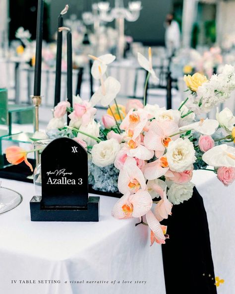 All Black Wedding With Colorful Flowers, Black And White Wedding Theme With Pop Of Color, Black And White Wedding With Colored Flowers, Black And Color Wedding, Black White And Pink Wedding Reception, Black Pink White Wedding, Colorful Wedding With Black Accents, Black Colorful Wedding, Black And White Wedding With Bright Flowers