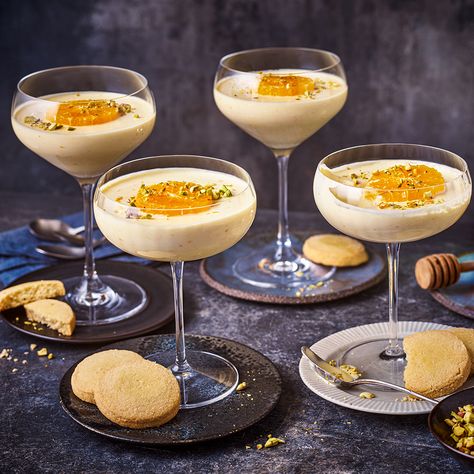 Tom Kerridge's Creamy Honey, Orange and Pistachio Possets Recipe | Recipes from Ocado Orange Posset, Posset Recipe, Orange Pistachio, Entertaining Desserts, Creamy Honey, Tom Kerridge, Sandwich Platter, Wine Hampers, M&m Recipe