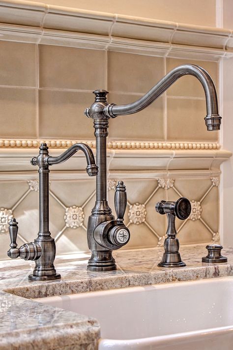 American kitchen faucet manufacturer creating luxury kitchen faucets, kitchen accessories and cabinet hardware. Pull down faucets, prep faucets, water filtration faucets, bar faucets, bridge faucets and Gantry pulldown faucets for any traditional or contemporary kitchen design. Best American made kitchen faucets. Bridge Faucet Kitchen, Colonial Kitchens, Traditional Faucet, Faucets Kitchen, Pewter Hardware, Faucet Kitchen, 1930s House, American Kitchen, European Farmhouse