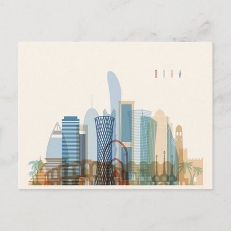 Doha, Qatar City Skyline Postcard Size: ' ' Postcard. Gender: unisex. Age Group: adult. Material: Matte. Qatar City, Bahrain City, Doha Skyline, Luggage Stickers, Doha Qatar, Skyline Art, Paper Coaster, Panel Wall Art, Square Paper