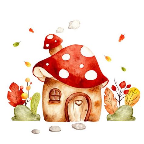 Mushroom House Watercolor, Watercolor Cartoon Art, Mushroom Illustration Cute, Watercolor Art Cartoon, Mushroom Cartoon Drawing, Cute House Drawing, Mushroom House Drawing, Cute Illustration Art, Watercolor Mushroom