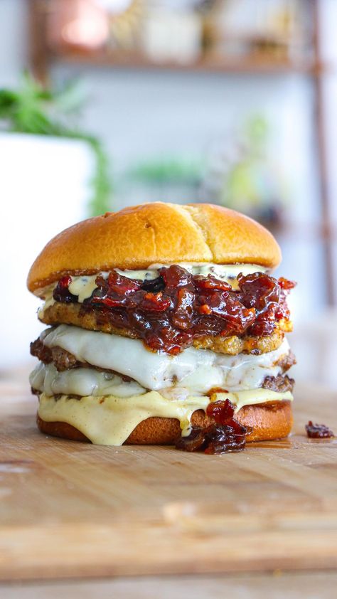 Sam Schnur | Thanksgiving Smash Burger with a Cranberry Maple Bacon Jam, Pan Fried Stuffing, and 2 Beef Patties covered in Provolone Cheese. And I got... | Instagram Fried Stuffing, Maple Bacon Jam, Beef Patties, Forbes 30 Under 30, Bacon Jam, Beef Patty, Maple Bacon, Smash Burger, Provolone Cheese