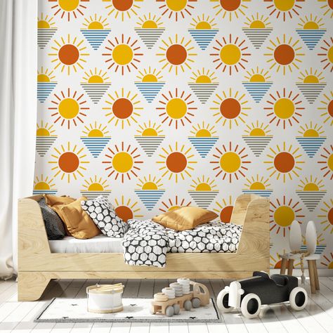 Our new Sunshine Bliss Mural brings that bright pop of sunshine to your room! Get 30% off of these wraps and all our murals now! . . . #wunderwall #wallmurals #wallpaper #wallvinyl #peelandstick #peelandstickwallpaper #decorate #interiordesign #accentwall #wallsticker #wallart #walldecal #mural #fixerupper #homedecor #sunshine #bliss #mural Summer Pattern Wallpaper, Pattern Wallpaper Bedroom, Patterned Wallpaper Bedroom, Sunshine Wallpaper, Living Room Decor Wall Art, Stair Riser Decals, Living Room Decor Wall, Bright Pop, Room Decor Wall Art