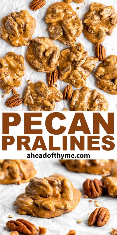 Pecan Pralines are sweet, rich, nutty, and crunchy candies that are so quick and easy to make. These melt-in-your-mouth Southern confectioneries are popular in the South but have started to become a holiday staple across the country. Make them during Christmas as a treat in holiday cookie boxes or as a weekend pick-me-up. Making pecan candy take 20 minutes to come together. They’re a cross between a cookie and candy that you need to try! | aheadofthyme.com #pecanpralines #pra via @aheadofthyme Praline Cookies, Pecan Candy, Praline Recipe, Thyme Recipes, Bakery Food, Cookie Boxes, Pecan Pralines, Pecan Recipes, Candied Nuts