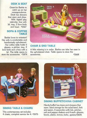 1978 Mattel Booklet Page - 1978 Barbie Dream Furniture Collection - Living Room and Kitchen: Desk and Seat 2467, Sofa and Coffee Table 2474, Chair and End Table 2468, Dining Table and Chairs (Blue) 2475 and Dining Buffet / China Cabinet 2470 | by barbiecrazymt on flickr Vintage Toys 1980s, Barbie Sets, Dream Furniture, My Childhood Memories, Barbie Vintage, Barbie Stuff, Barbie Furniture, Barbie Dream House, Barbie House