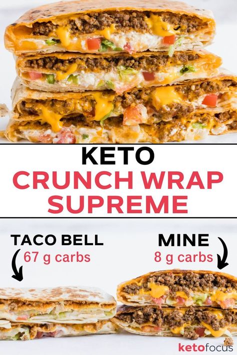 on the left side there's a 67g carbs taco bell Crunchwrap and on the right is my 8g carb Crunchwrap Keto Crunch Wrap, Keto Crunchwrap, Crunchwrap Recipe, Taco Bell Copycat, 1200 Calorie Diet Meal Plans, Healthier Me, Taco Bell Recipes, Crunchwrap Supreme, Crunch Wrap