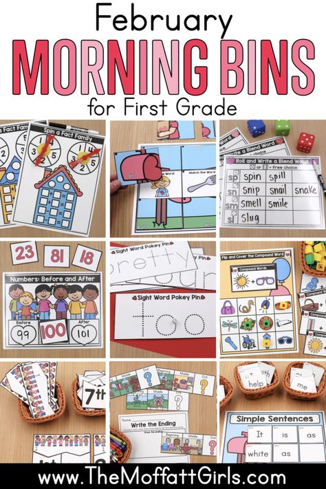 Morning Bins, Kindergarten February, Work Bins, Kindergarten Morning Work, Class Games, Blend Words, Printable Preschool Worksheets, Character And Setting, Teaching First Grade