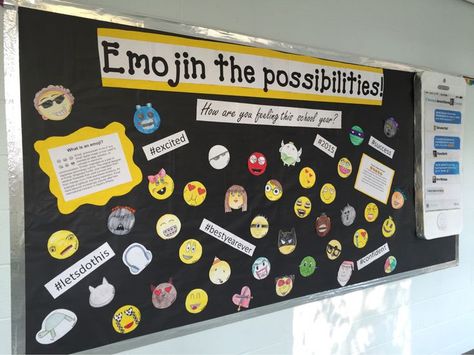 Emoji bulletin board Orientation Activities, Emoji Bulletin Board, Emoji Classroom Theme, Technology Bulletin Board, Counseling Room, Counseling Bulletin Boards, Emoji Ideas, Bulletin Board Design, Library Bulletin Boards