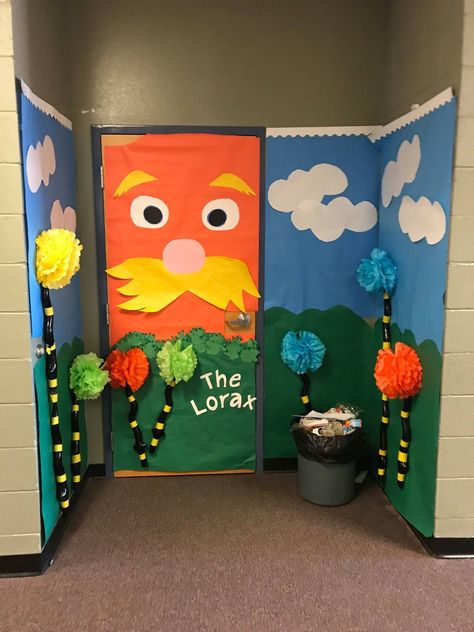 Literacy Week Door Decorating Contest, The Lorax Door Decorations Classroom, Dr Suess Hallway Decorations, Door Decorating Contest Book Theme, The Lorax Classroom Door, Lorax Classroom Theme, Love Of Reading Door Decorations, The Lorax Decorations, Book Week Door