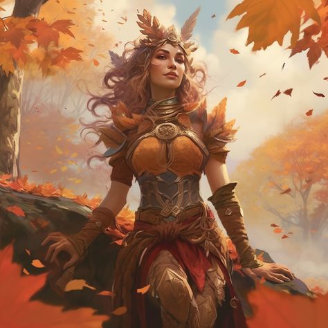 Eladrin in Autumn in the Feywild (MidJourney) Autumn Druid Dnd, Autumn Mythical Creatures, Dnd Autumn Eladrin, Autumn Court Fae, Dnd Eladrin Autumn, Autumn Character Art, Eladrin Elf Autumn, Autumn Eladrin Female Dnd, The Feywild