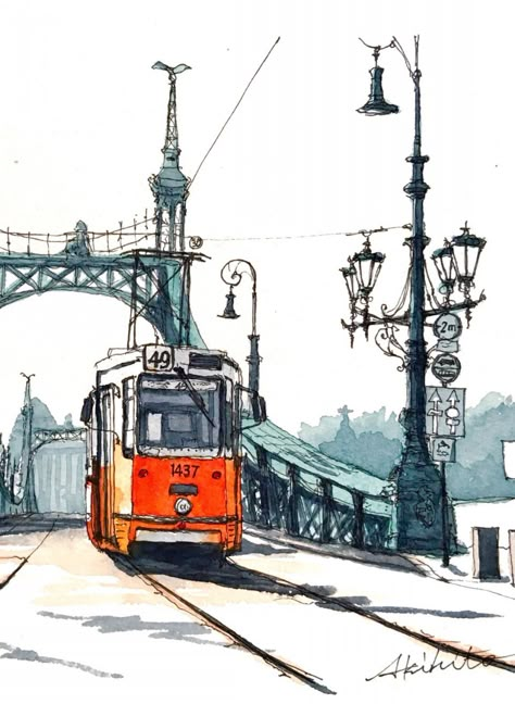 Budapest Sketch, Budapest Watercolor, Line And Wash Watercolor, Travel Symbols, Bridge Drawing, Village Road, Liberty Bridge, Budapest City, Bridge Painting