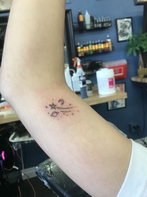 Earth Moon And Stars Tattoo, Stars Planets Tattoo, Stars And Plants Tattoo, Tiny Moon And Stars Tattoo, Moon Star Planet Tattoo, Star Planet Tattoo, Star And Planet Tattoo, Moon And Planets Tattoo, Stars And Planets Tattoo