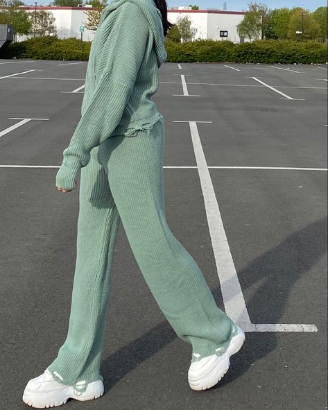 Aesthetic Loungewear, Knitted Coord, Sage Green Aesthetic, Green Pants Outfit, Co Ords Outfits, Womens Sweatshirts Fashion, Outing Outfit, Crop Top And Leggings, Pajama Suit