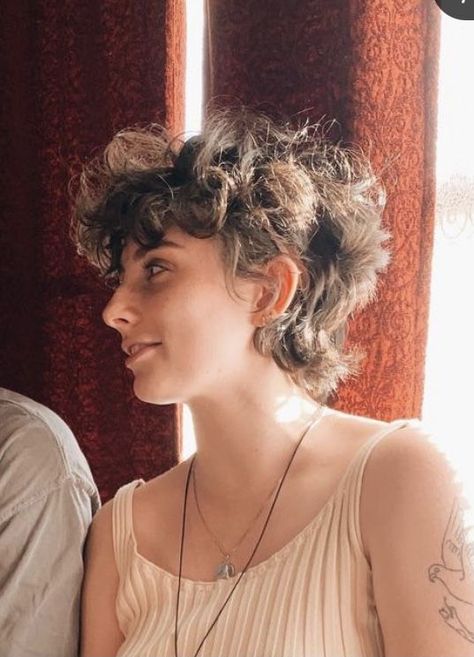 Cute Curly Mullet, Short Enby Hair Curly, Short Curly Hair Edgy, Short Curly Mullet Shaved Sides, Queer Short Curly Hair, Grunge Pixie Haircut Curly, Short Mullet Wavy Hair, Enby Haircuts Curly, Queer Curly Hair