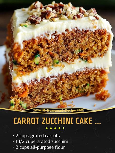 My Home Made Recipe | Carrot Zucchini Cake with Cream Cheese Frosting | Facebook Carrot Zucchini Cake, Zucchini Carrot Cake, Zucchini Cakes Recipe, Carrot Zucchini, Grated Zucchini, Cake With Cream Cheese Frosting, Zucchini Cake, Carrot Cake Recipe, With Cream Cheese Frosting