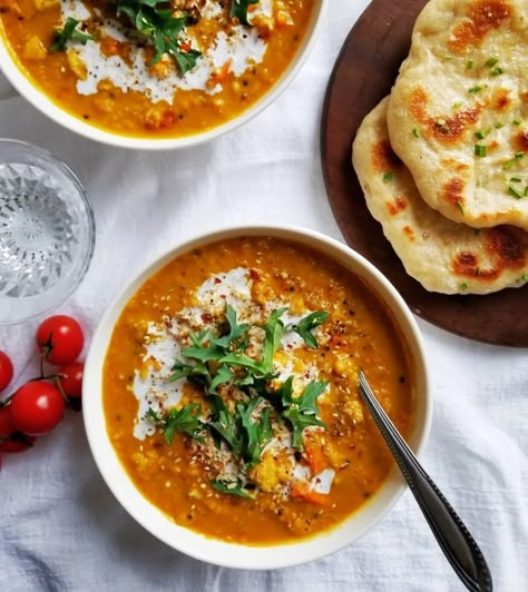 Lentil Cauliflower, Curry With Spinach, Lentil Recipes Easy, Lentil Recipes Healthy, Roasted Vegetable Soup, Lentil Dahl, Lentil Dal, Cubed Sweet Potatoes, Red Lentils