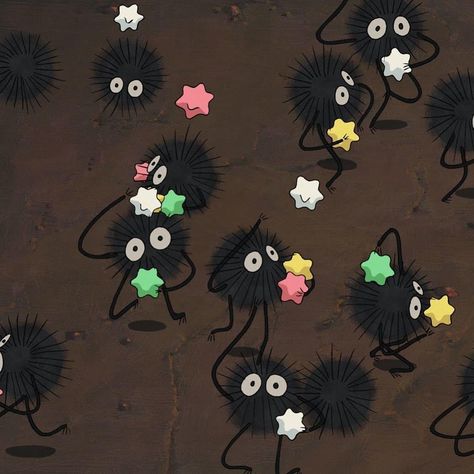 Studio Ghibli Brown Aesthetic, Hayao Miyazaki Painting, Soot Sprite Aesthetic, Studio Ghibli Apple Watch Wallpaper, Studio Ghibli Black Balls, Studio Ghibli Square Pictures, Studio Ghibli Playlist Cover, Studio Ghibli Parking Spot, Studio Ghibli Pictures For Wall