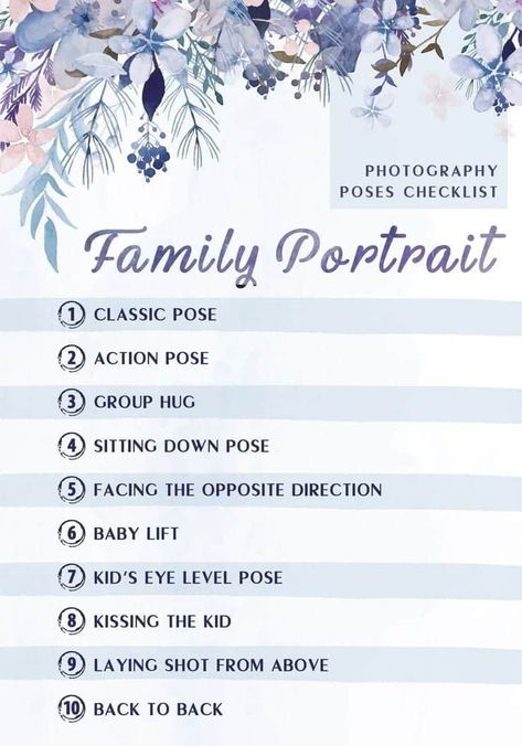 Family Portrait Photography Poses, Natural Portrait, Photo Checklist, Pose Portrait, Photography Settings, Photo Prompts, Family Portrait Poses, Family Picture Poses, Photography Poses Family