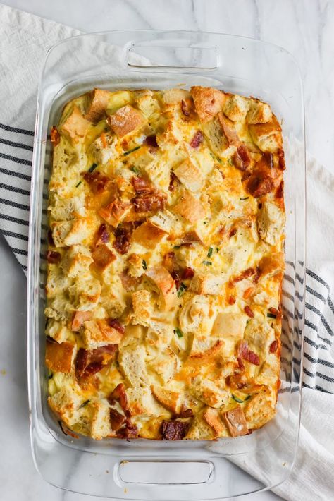 Egg Bread Casserole, Egg Strata Recipes, Bacon Strata Recipes, Bacon Egg Potato Cheese Casserole, Breakfast Casserole Bacon Egg Cheese, Bagel Strata, Everything Bagel Strata, Bacon Egg And Cheese Casserole, Bacon Egg And Cheese Strata