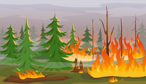 Wildfire Illustration, Forest Fire Illustration, Forest Fire Drawing, Pencemaran Udara, Cartoon Forest, Forest Cartoon, Wild Landscape, Fire Animation, Disaster Management