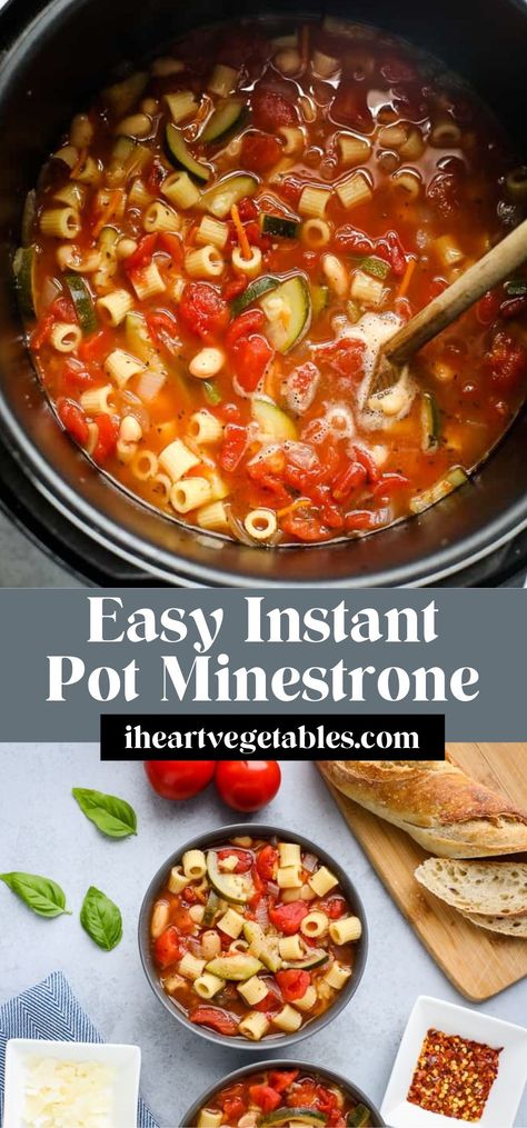 This easy Instant Pot Minestrone soup only takes a few minutes to assemble, so you can have dinner ready in no time! This one-pot dish is loaded with fresh vegetables for a healthy, flavorful meal! Insta Pot Minestrone Soup, Minestrone Soup Recipe Instant Pot, Minestrone Soup Instant Pot, Easy Minestrone Soup Recipe, Instant Pot Minestrone Soup, Instant Pot Minestrone, Minestrone Soup Easy, Soup Store, Soup Instant Pot