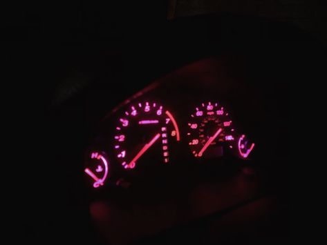 Pink Dashboard Lights, Pink Racer Aesthetic, Black Car Pink Accents, Pink Car Lights, Pink Headlights, Car Dashboard Aesthetic, Pink Dashboard, Pink Mazda, Pink Miata