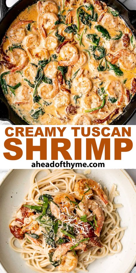 Creamy Tuscan shrimp packed with sun-dried tomatoes, spinach, and garlic, is creamy, rich, and delicious. Seared shrimp swim in a thick and delicious, buttery, creamy sauce. Seafood had never tasted so indulgent. Made in just 15 minutes (including prep!), creamy Tuscan shrimp brings the wow-factor to the table without the time or the energy. Serve this comforting meal with crusty bread for dipping, or over pasta, mashed potatoes, or rice. | aheadofthyme.com #creamytuscanshr... via @aheadofthyme Tuscan Shrimp And Spinach Pasta, Sundried Tomato Shrimp Pasta Recipes, Shrimp Pasta With Sun Dried Tomatoes And Spinach, Creamy Tucson Shrimp, Creamy Pasta Recipes Shrimp, Shrimp Tuscan Pasta Recipes, Shrimp Pasta With Spinach And Tomatoes, Shrimp Pasta Spinach Tomatoes, Tuscan Shrimp Recipe