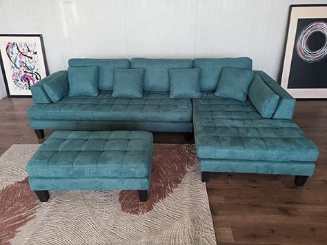 Amazon.com: Stendmar 3pc 120" L Contemporary Dark Teal Blue Microfiber Fabric Sectional Sofa Chaise Ottoman S168RTB : Home & Kitchen Cindy Crawford Sectional, Chaise Ottoman, Sofa Factory, Microfiber Sectional Sofa, Sectional Ottoman, Living Room Recliner, Fabric Sectional Sofas, Unique Furniture Pieces, Couch Fabric