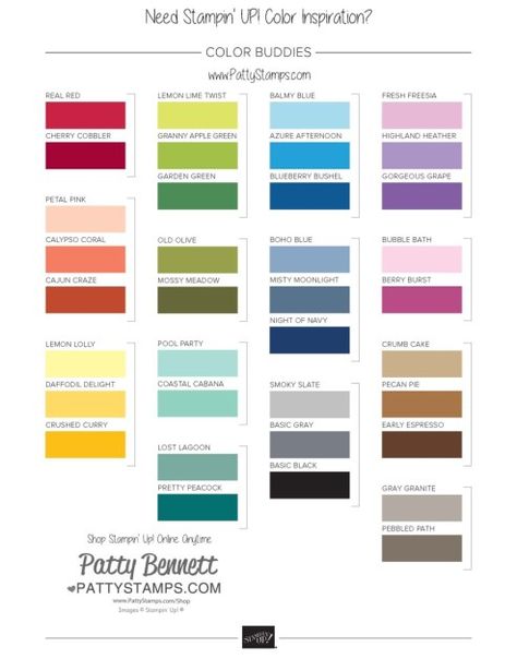 Stampin Up Colour Combinations, Stampin Up Color Combinations 2022-2024, Stampin Up 2023-2024 Annual Catalog Cards, Color Combos Colours That Go Together, Stampin Up Color Combos, Stampin Up Color Combinations, Stampin Up Colors, Spring Cat, Patty Bennett