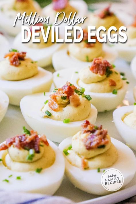 Chicken Bacon Ranch Deviled Eggs, Million Dollar Deviled Eggs Recipe, Deviled Eggs With Candied Bacon, Award Winning Deviled Eggs, Christmas Deviled Eggs Ideas, Deviled Eggs Chicks, Filling Appetizers, Million Dollar Deviled Eggs, Firehouse Recipes