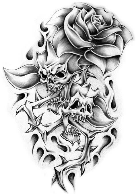 Evil Skull Tattoo, Skull Rose Tattoos, Latest Tattoo Design, Skull Art Tattoo, Catrina Tattoo, Rose Drawing Tattoo, Skull Sleeve Tattoos, Skull Sleeve, Biomechanical Tattoo